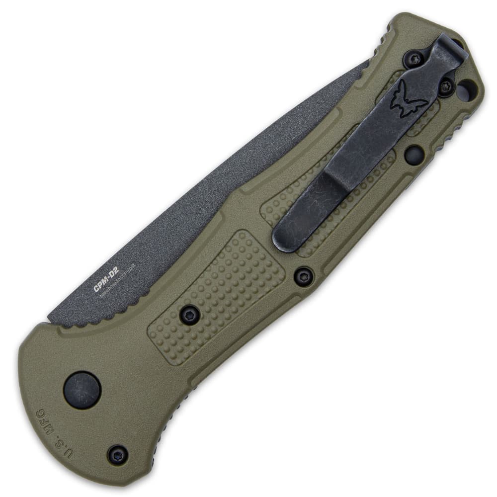The 5” grippy, textured handle is constructed of ranger green Grivory and it has a deep-carry, reversible pocket clip image number 1