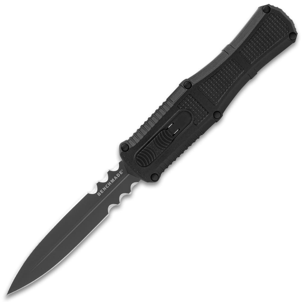 Angled image of the Claymore Serrated OTF Knife open. image number 1