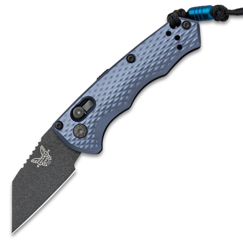 The Partial Benchmade Immunity Automatic Knife has a charcoal grey, anodized 6061-T6 billet aluminum handle with lock mechanism on the side. image number 1
