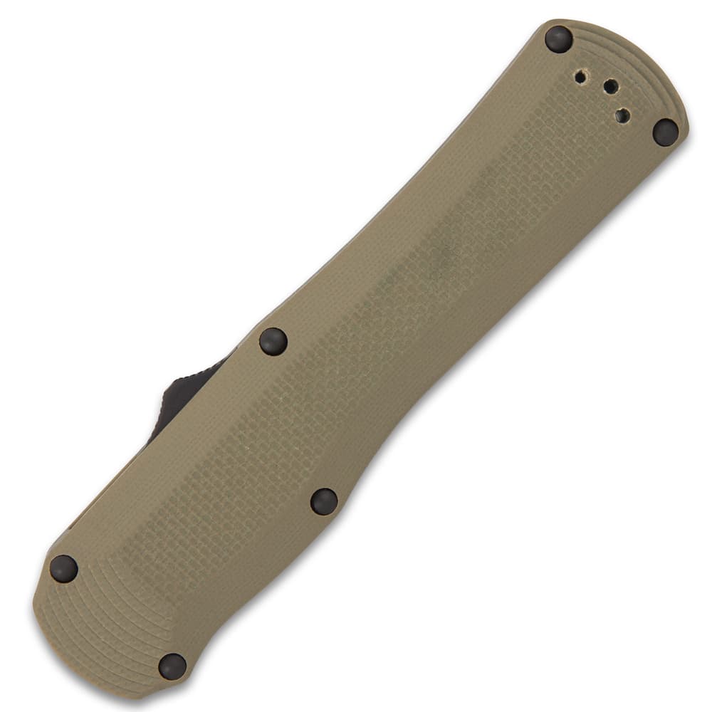The 5” handle is made of olive drab G10 and features a deep-carry, reversible tip-down pocket clip image number 1