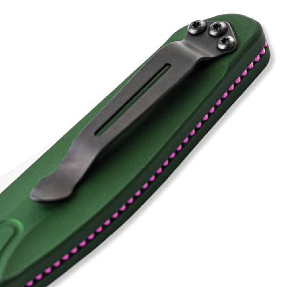 The green anodized 6061-T6 aluminum handle has a pocket clip. image number 1