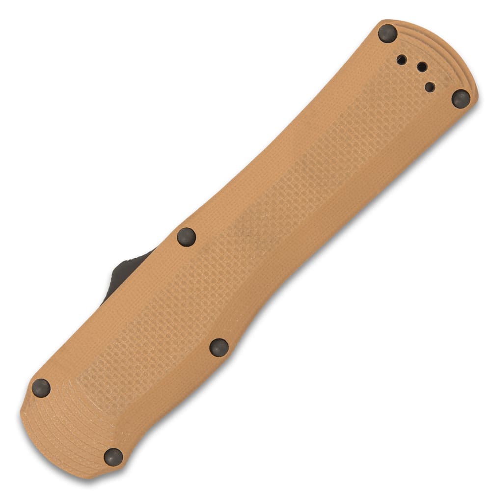 The 5” handle is made of coyote brown G10 and features a deep-carry, reversible tip-down pocket clip image number 1