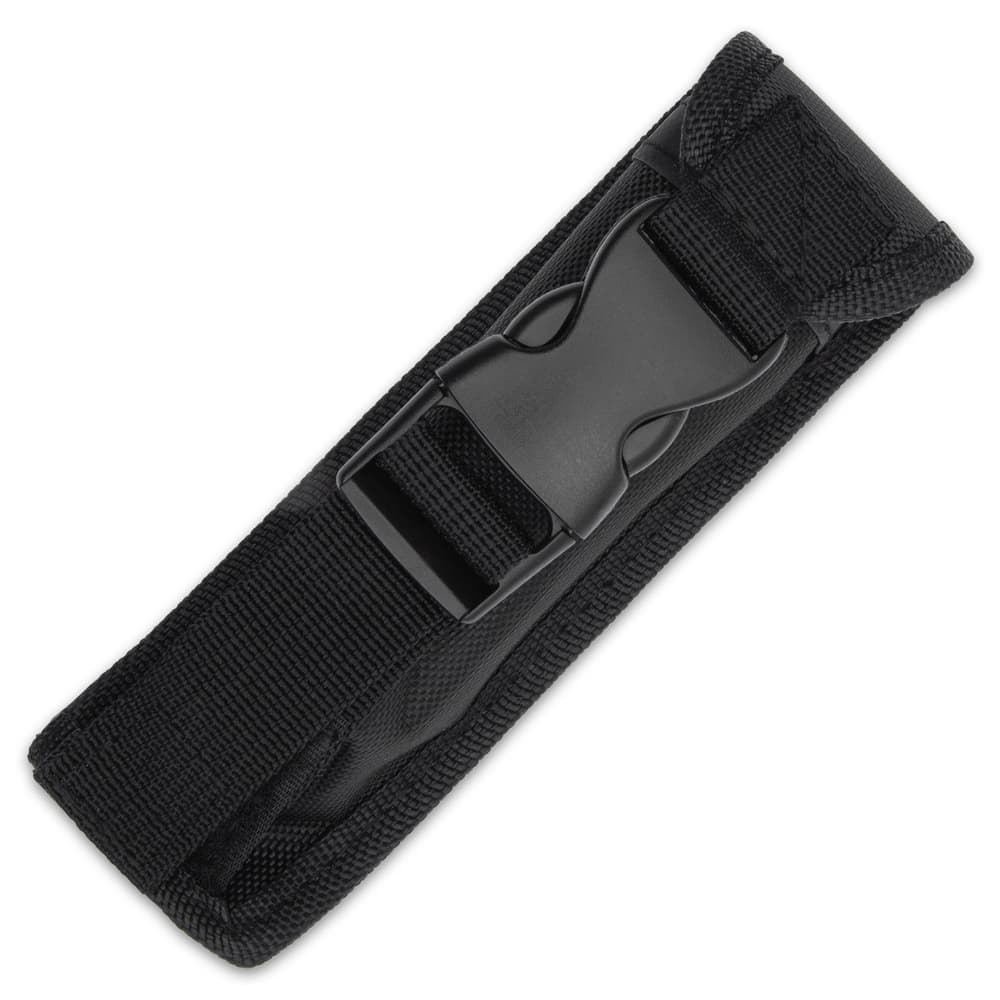The 9” overall auto pocket knife can be stored and carried in its nylon belt sheath that has an ABS quick-release buckle image number 1