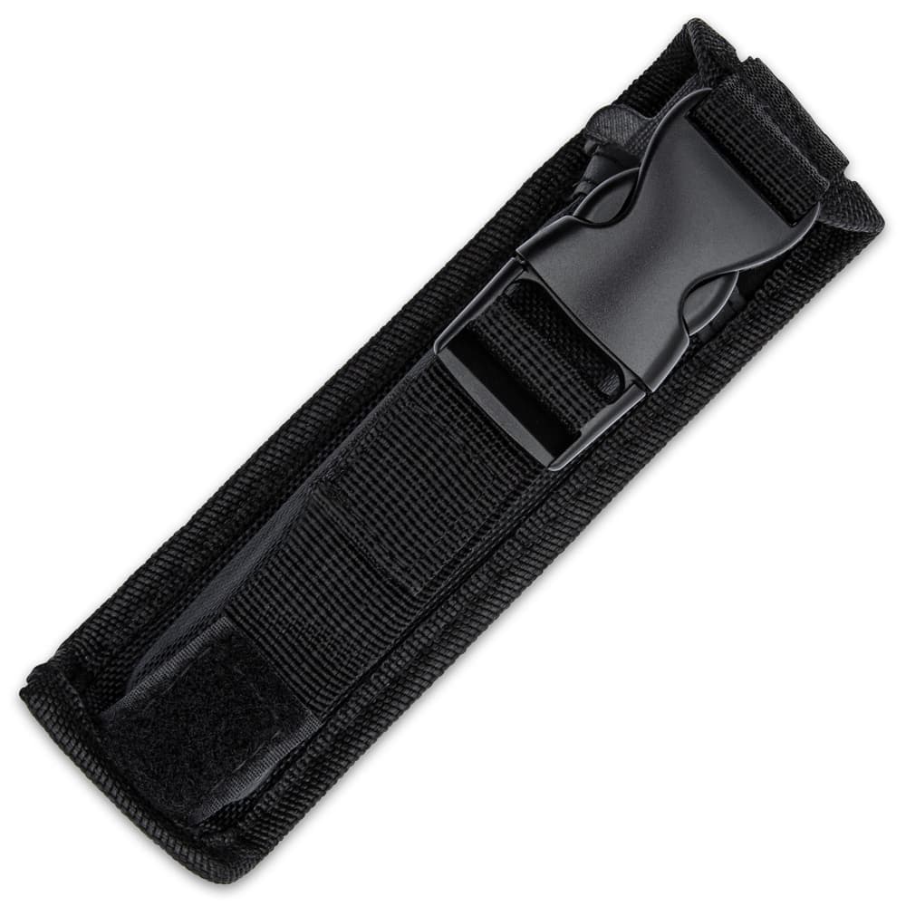 Large OTF automatic knife enclosed in a black nylon sheath with a buckle closure. image number 1