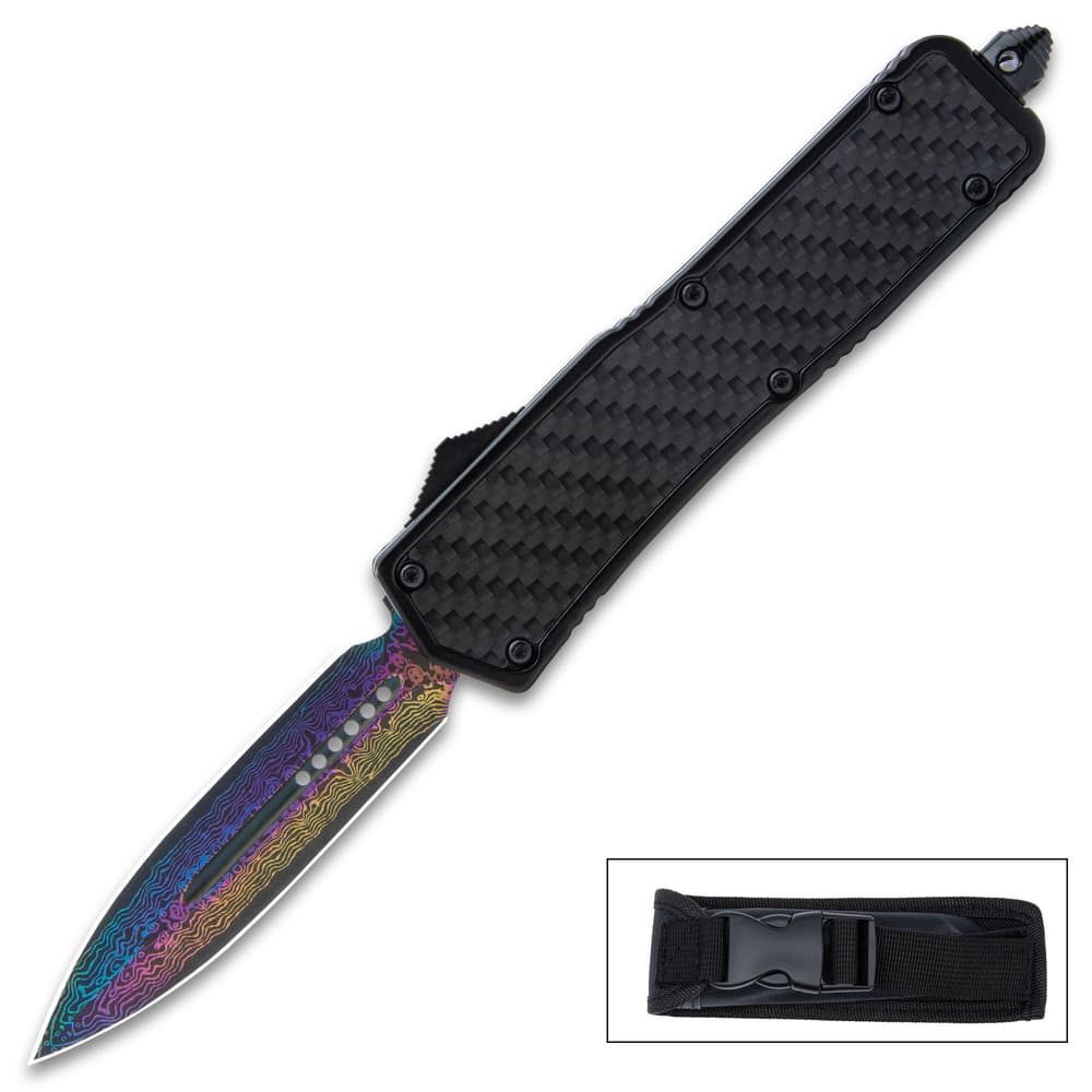 The 9” overall auto pocket knife can be stored and carried in its nylon belt sheath that has an ABS quick-release buckle image number 1