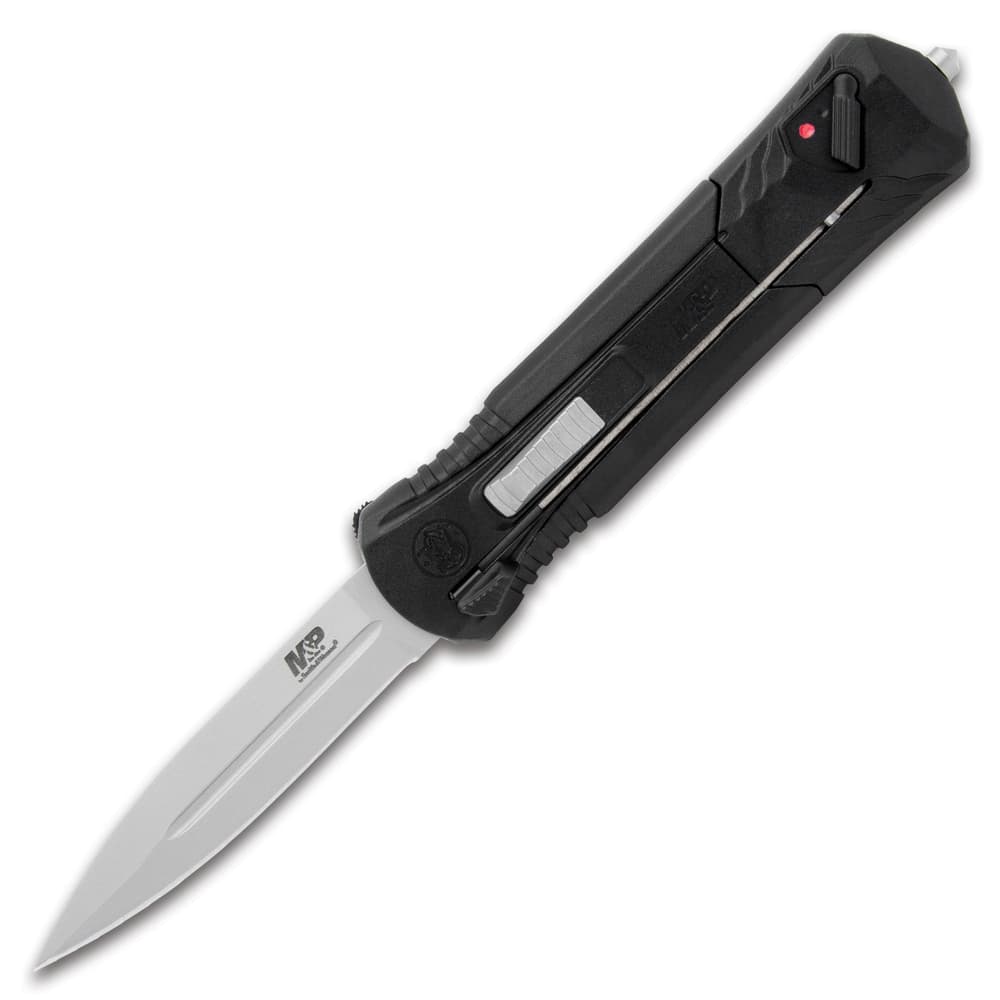 3 1/2" extended blade with a matte finish attached to a satin black hanlde with a glass breaking pommel at the end along with a sliding trigger button. image number 1