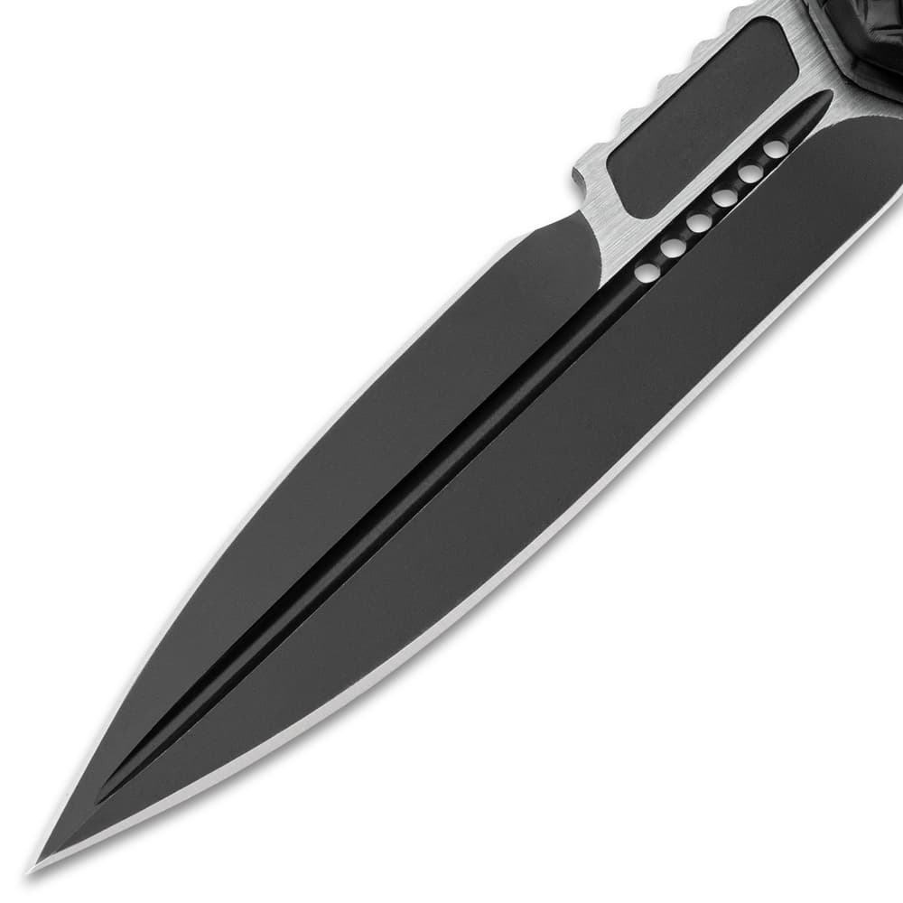 Close up of black stainless steel blade from OTF knife. image number 1