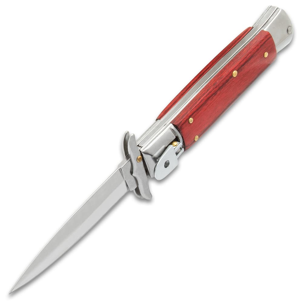 Angled image of the Lever Lock Automatic Knife open. image number 1