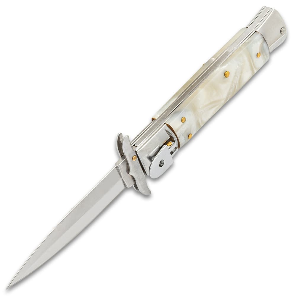 Angled image of the Lever Lock Automatic Knife open. image number 1