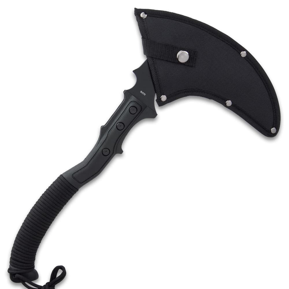 The 15 1/2” overall tactical sickle comes with a tough, black nylon sheath that protects the wickedly curved blade image number 1