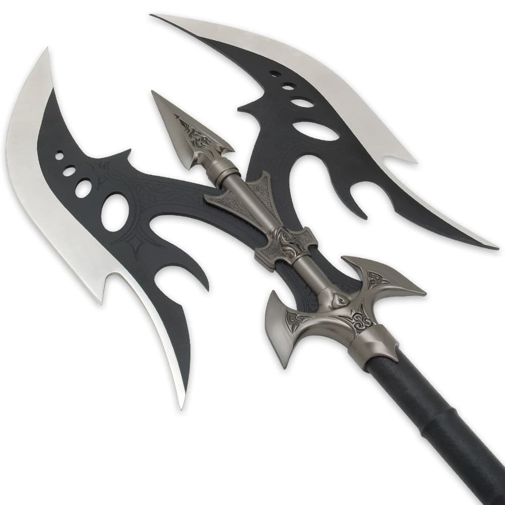 The two axe blades are stainless steel with a two-toned finish of silver and black with circular cutouts. image number 1