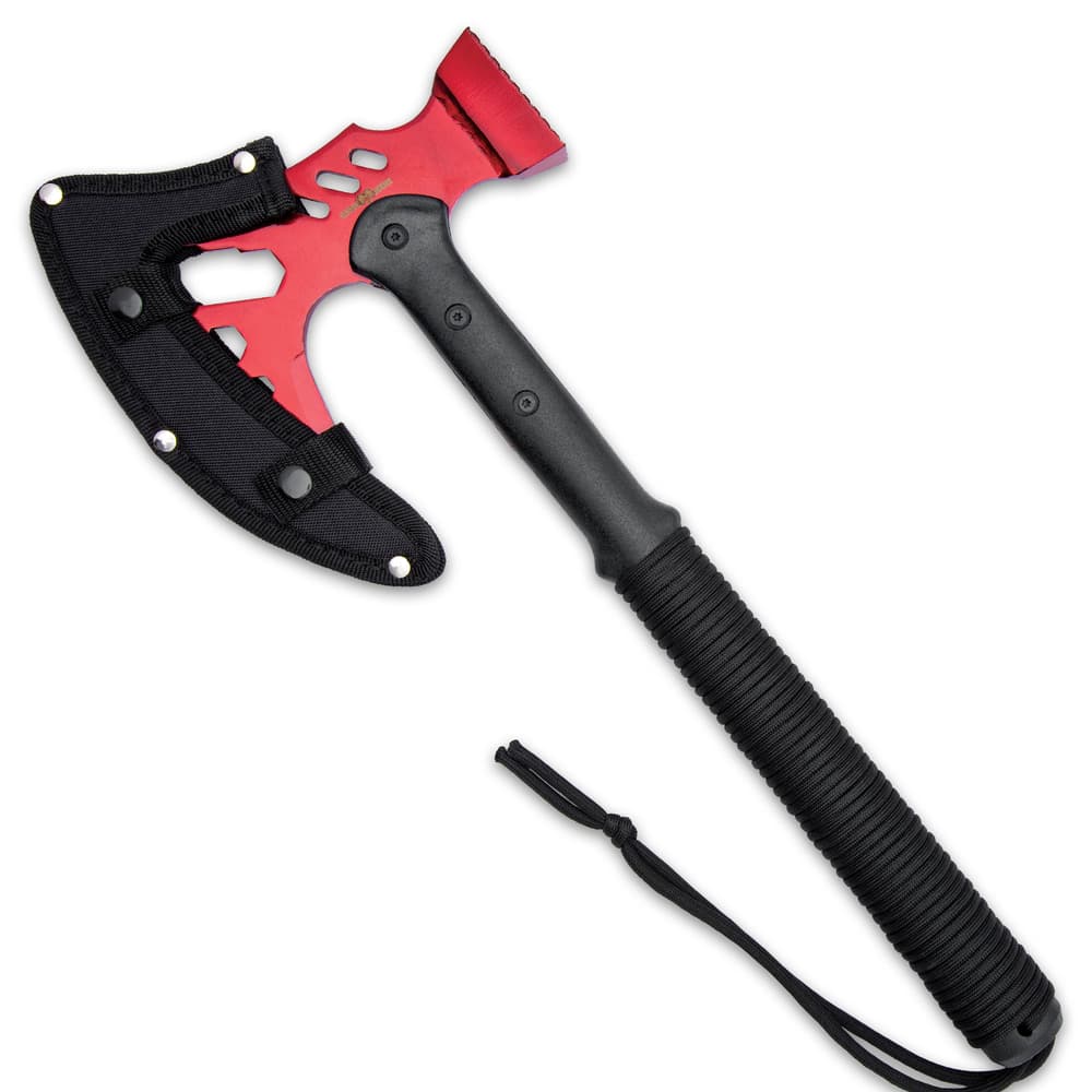 The 18” overall length tactical multi-tool’s blade is protected by the included snap closure, premium nylon blade sheath image number 1