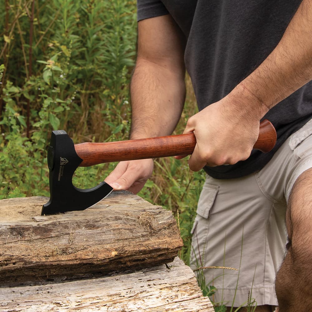 The survival axe is 16” in overall length and the axe head can be protected by its genuine leather sheath with snap closure image number 1