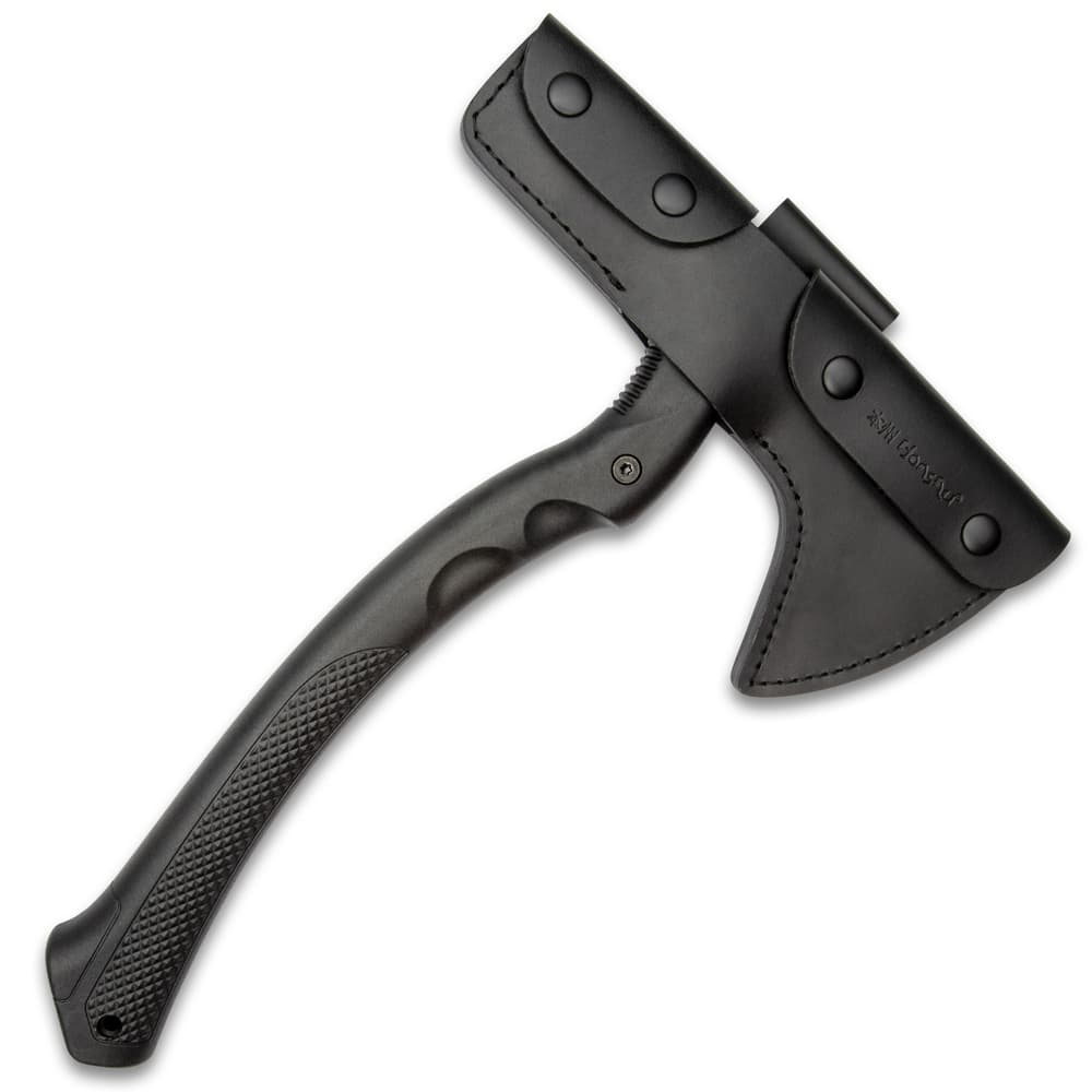 Black tomahawk axe with its head enclosed with a black leather sheath and its black textured nylon handle exposed on a white background. image number 1