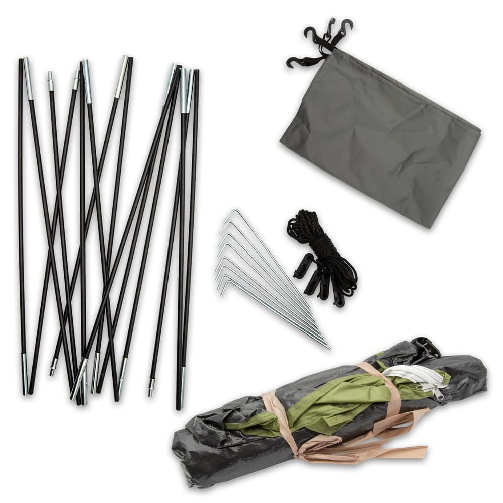 The four-person tent’s overall dimensions are 7’8”x 6’8”x 3’9” and included are guy ropes, pegs and a carrying bag image number 1