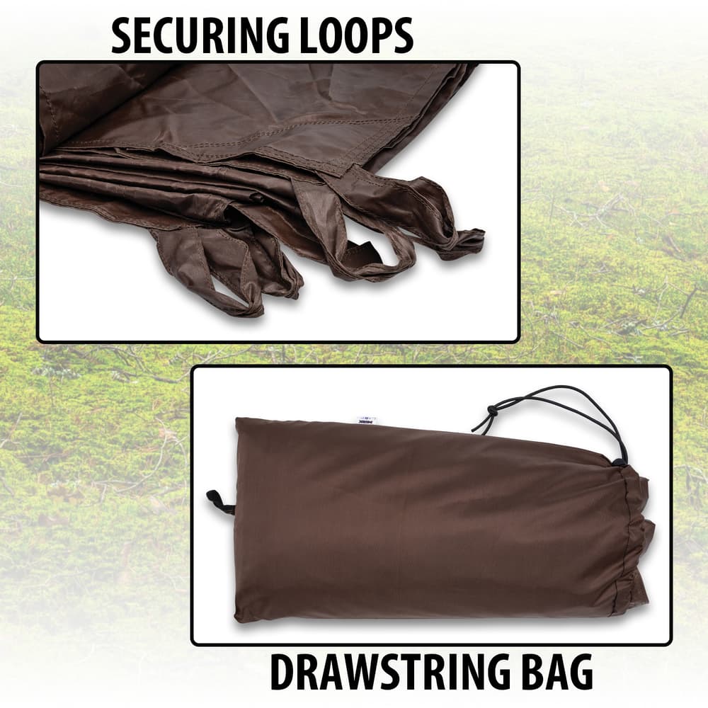 The tarp's drawstring bag and nylon loops shown image number 1