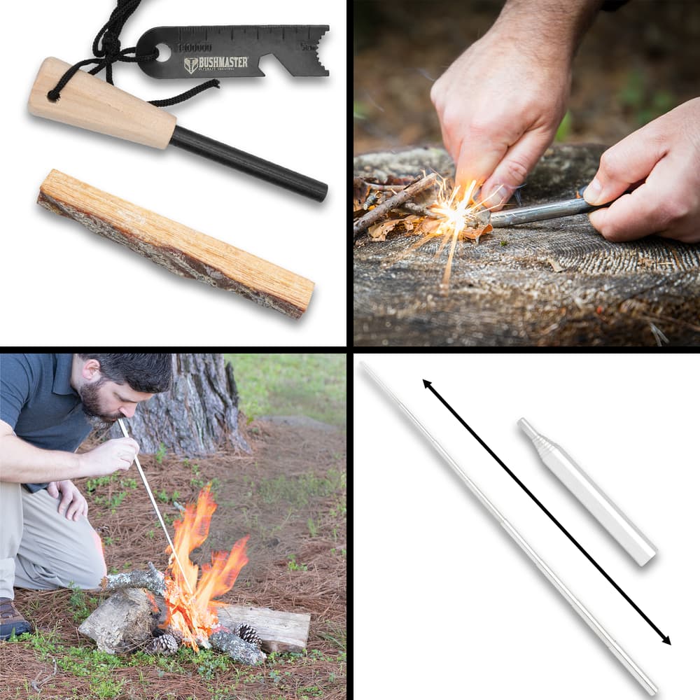 Multiple images showing how you can use the Ultimate Survival Camping Fire Starter Set to start a fire. image number 1