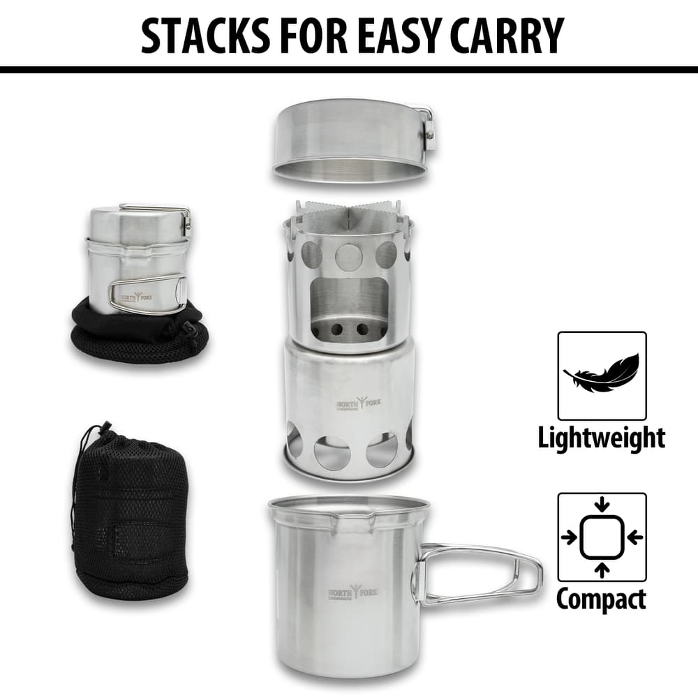 Full image showing how easy the Compact Camp Cooking Stove stacks for easy carry. image number 1