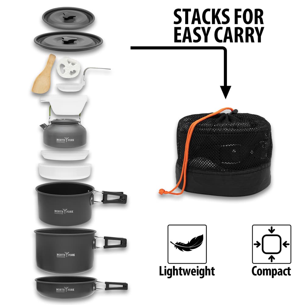 Full image showing how easy the 16 Piece Picnic Cookware Set stacks for easy carry. image number 1