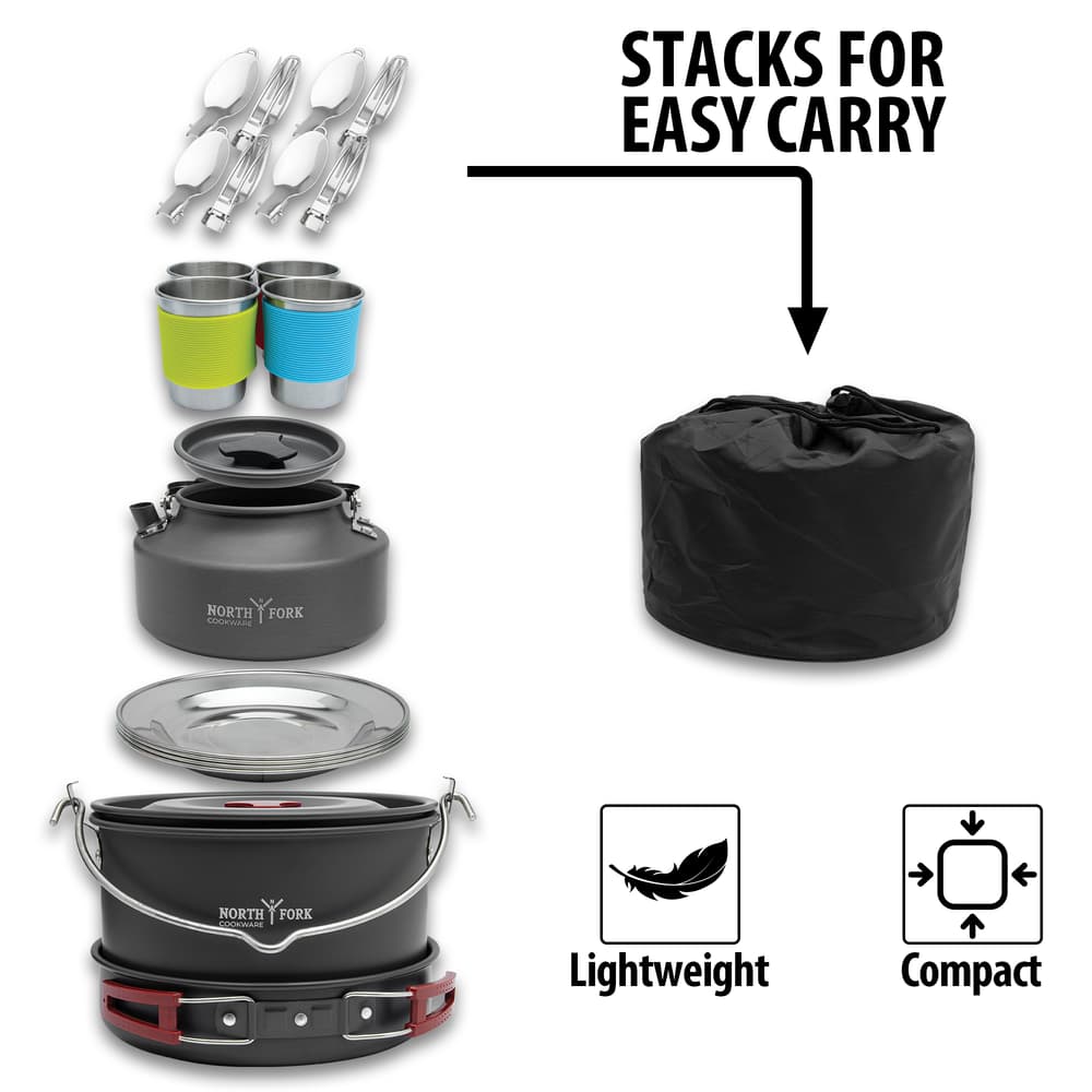 Full image showing how the 22 Piece Camping Cookware Mess Kit stacks for easy carry. image number 1