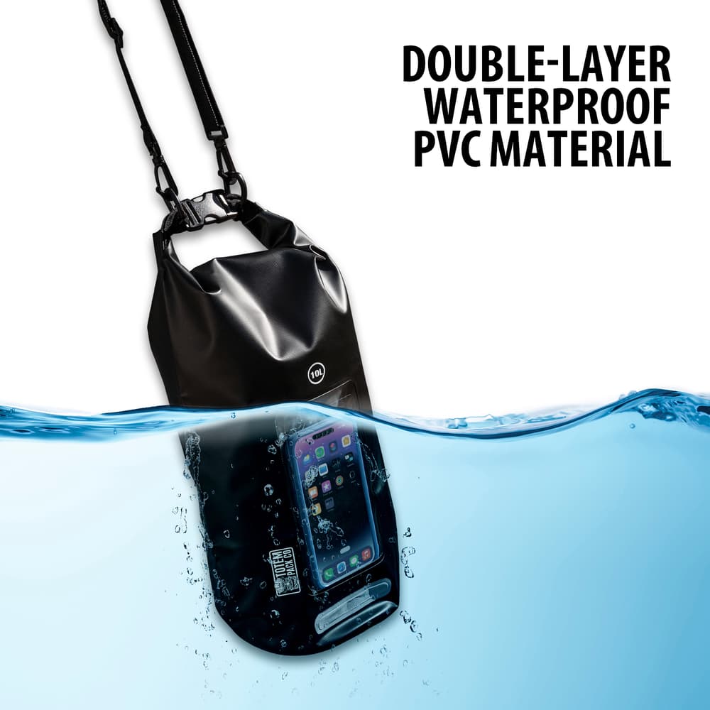 Full image of the Floating Camping Dry Bag halfway submerged in water showing how effective the double-layer waterproof PVC material. image number 1