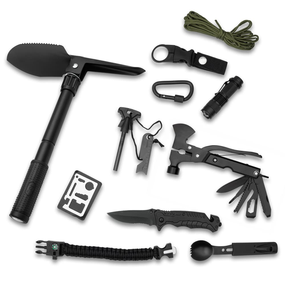 Full image showing what tools are included in the 142 Piece Survival Kit. image number 1