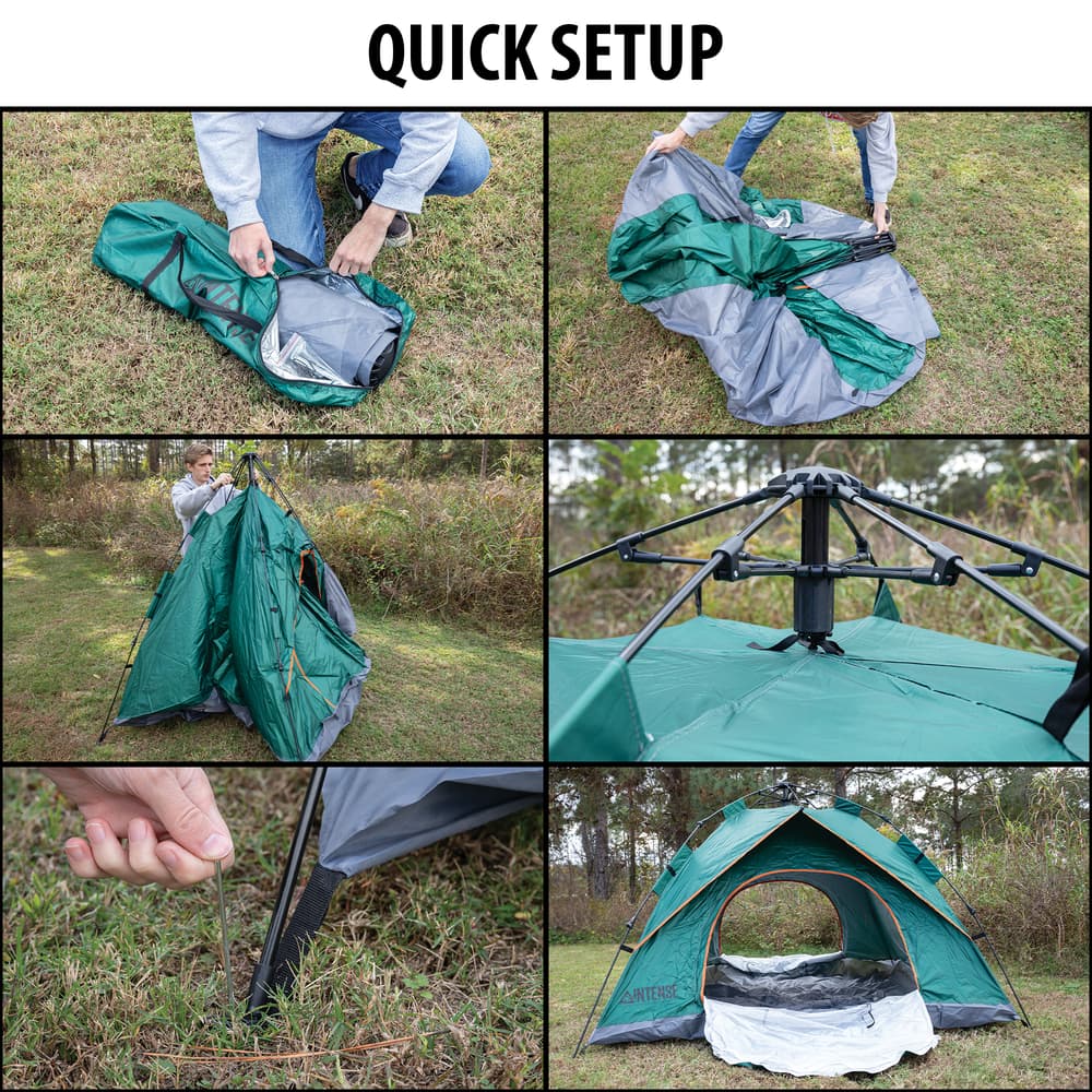 Multiple images showing the quick setup of the 3 Person Pop Up Tent. image number 1