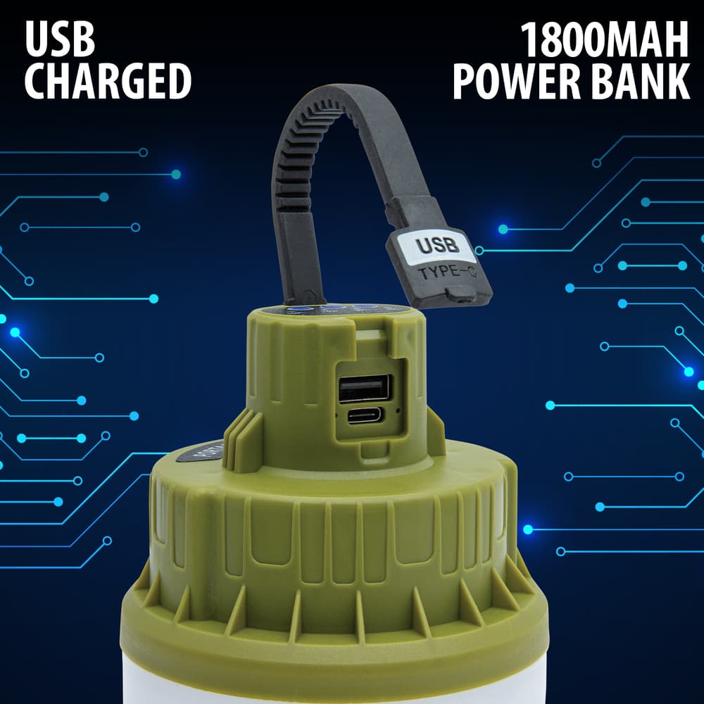 Full image showing that the Outdoor Rechargeable Speaker & Lantern can be USB charged. image number 1