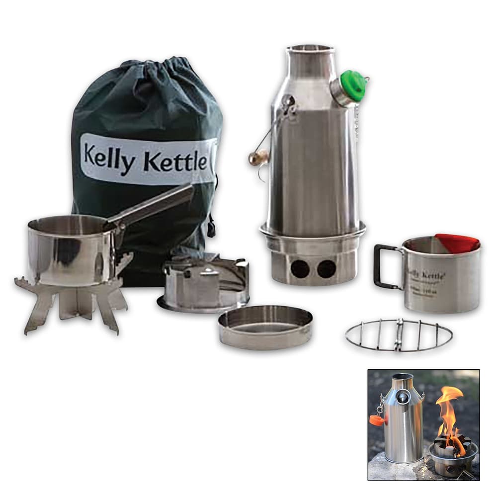 It includes the stainless steel Trekker, small cook set, Kelly Kettle Pot Support, a camping cup, and a small Hobo Stove image number 1