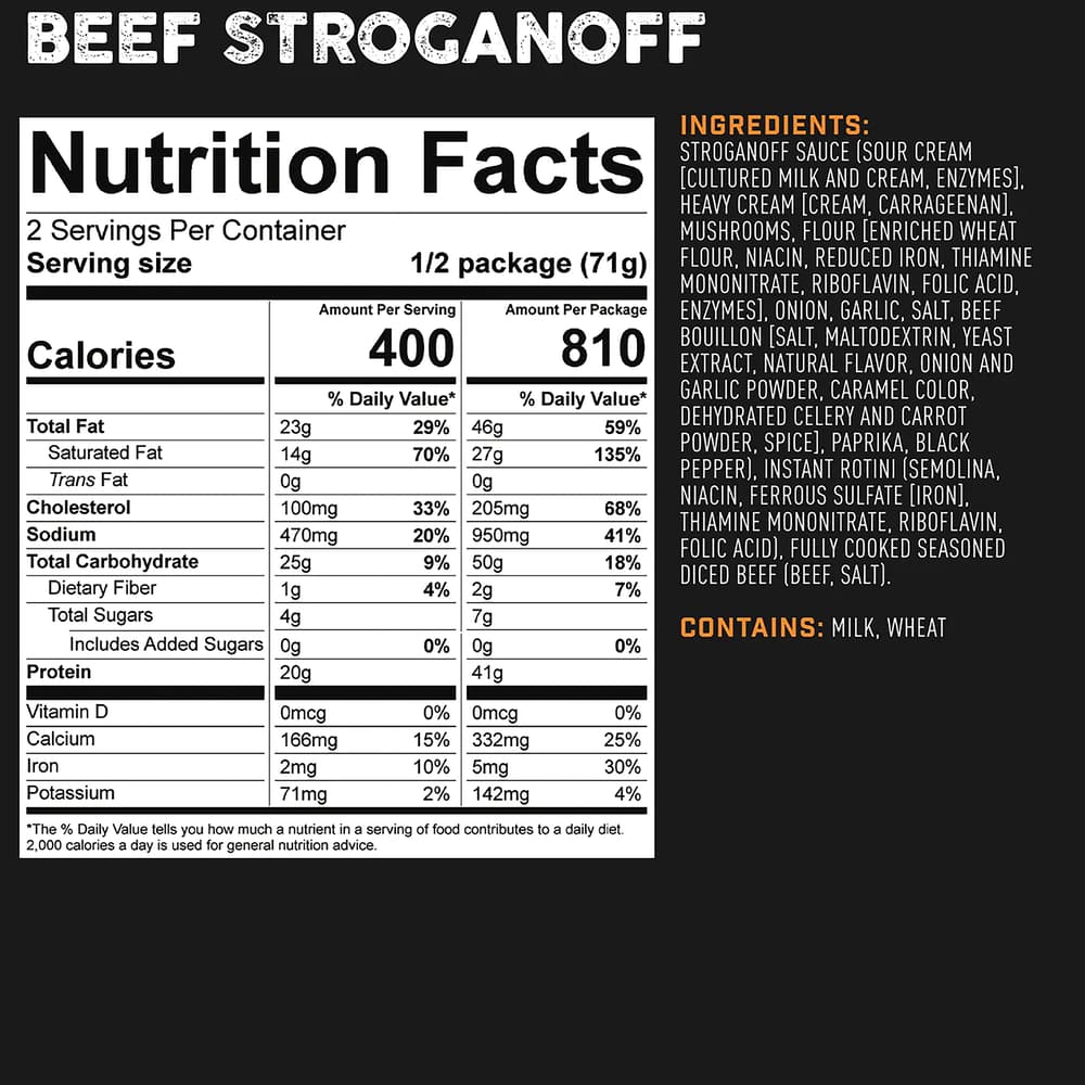 The nutrition information for the beef stroganoff image number 1
