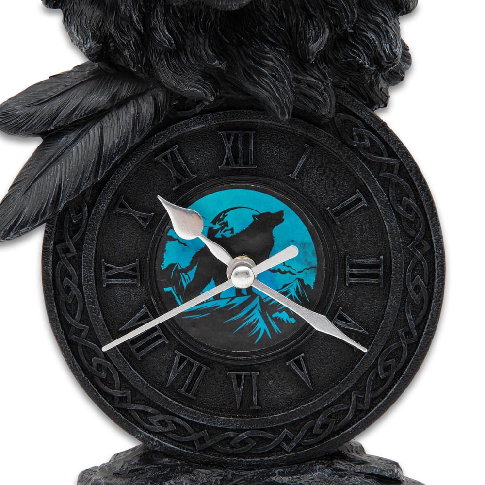 This images shows a close up of the custom design face of this Native American black wolf desk clock. image number 1