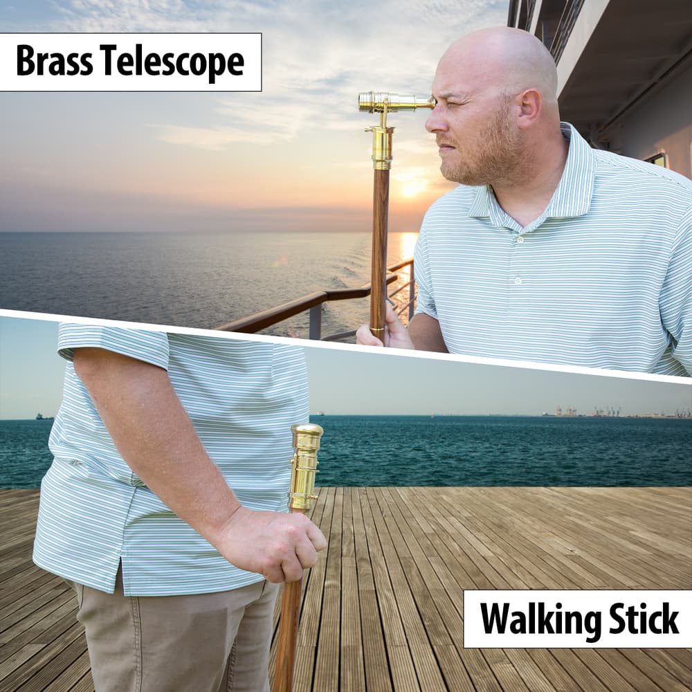 The telescope and walking stick shown in use image number 1