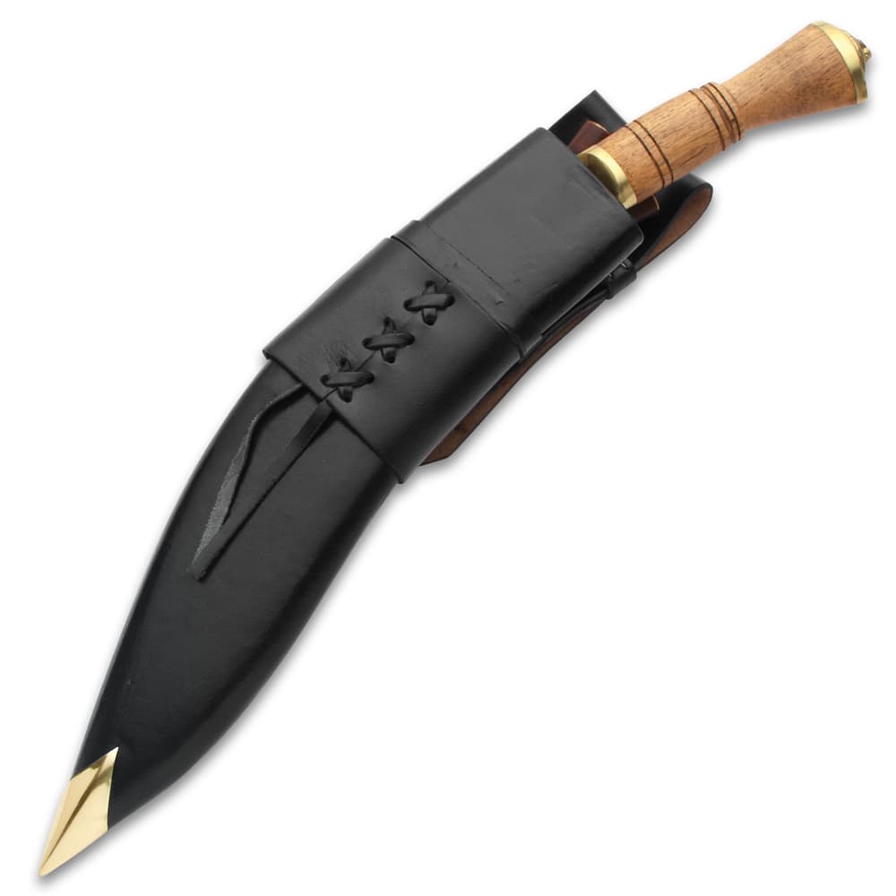 The 18” overall kukri knife comes with a regulation, genuine leather belt sheath with a brass tip image number 1