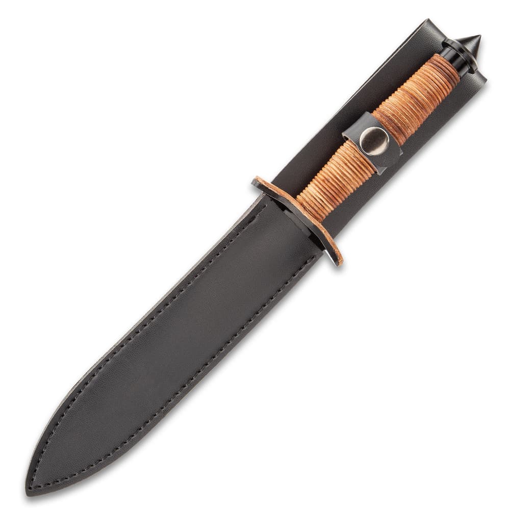 Stiletto dagger enclosed in dark leather sheath with an exposed stacked leather handle held by a snap button closure. image number 1
