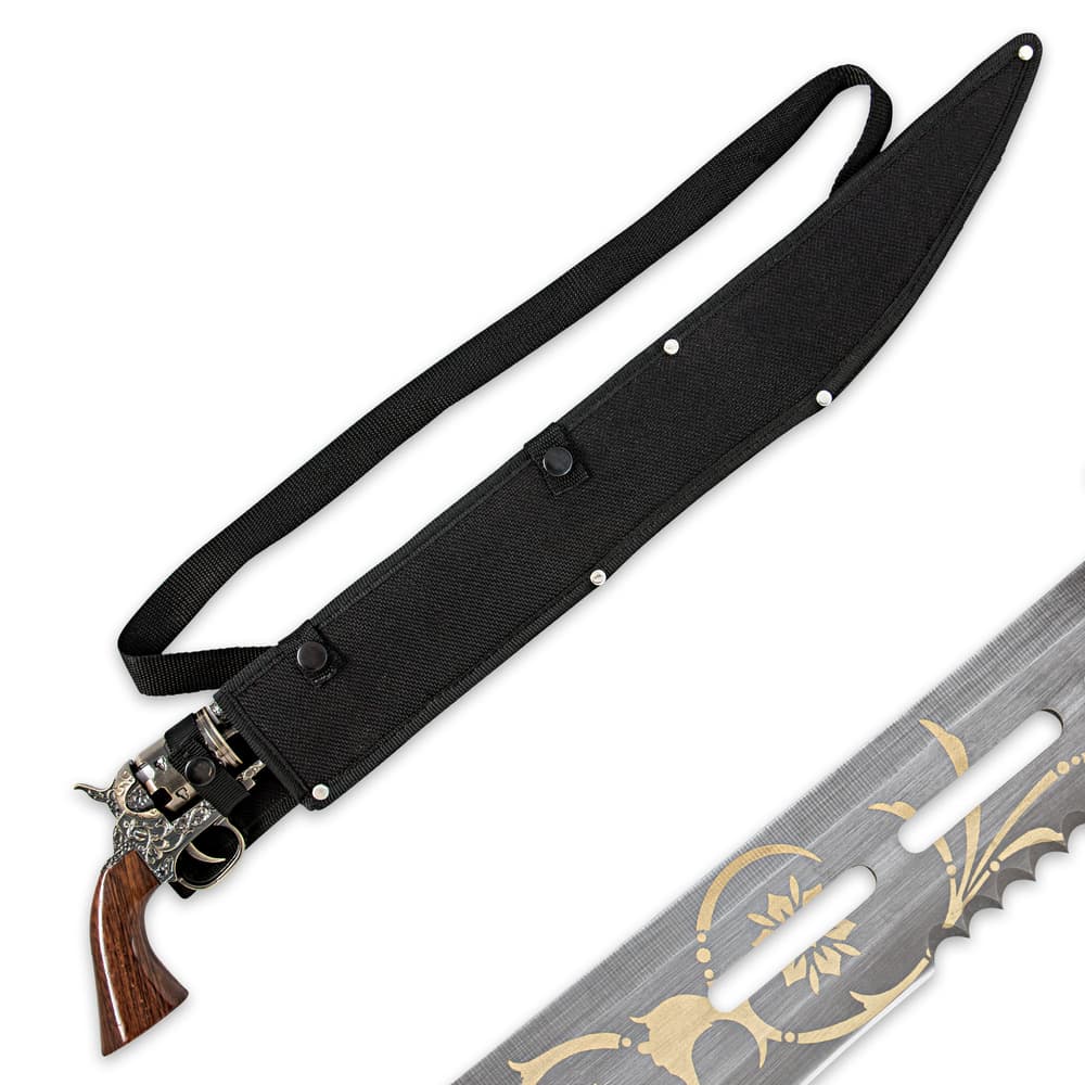 Gun blade sword shown inside a black nylon shoulder strap adjacent to zoomed view of blade details. image number 1