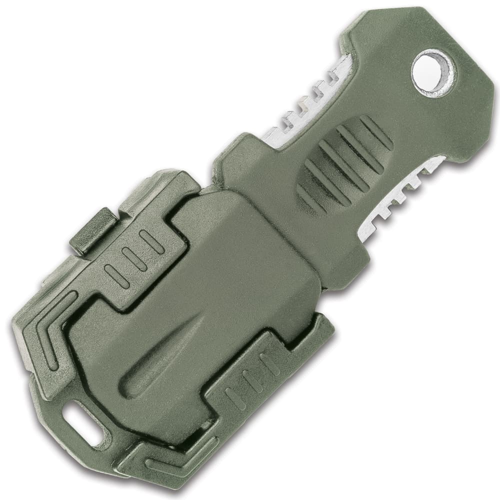 The SHTF Tactical Molle Shiv is shown secured into its heavy-duty sheath made of overmolded rubber. image number 1