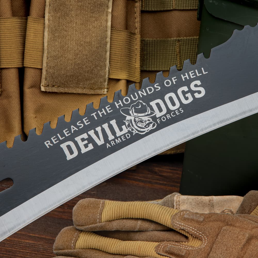 Devil Dogs Armed Forces Machete With Sheath - AUS-8 Stainless Steel Blade, Two-Toned Finish, Rubberized ABS Handle - Length 25” image number 1