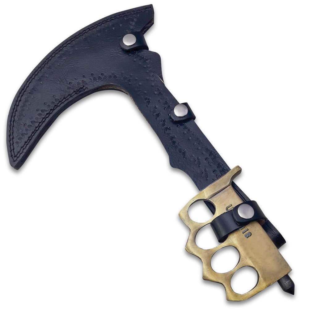 Combat Sickle Trench Knife And Sheath - Fire Kissed 1095 Carbon Steel Blade, Brass Knuckle Guard Handle, Distressed Finish - Length 15” image number 1