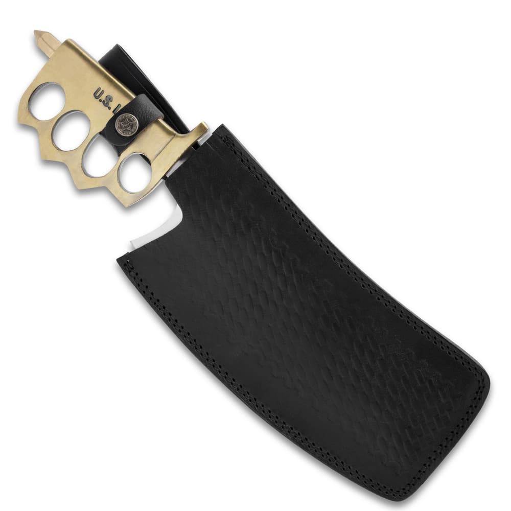 The trench knife can be carried in its heavy-duty belt sheath image number 1