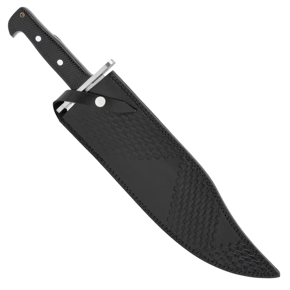 The bowie knife shown in its included sheath image number 1