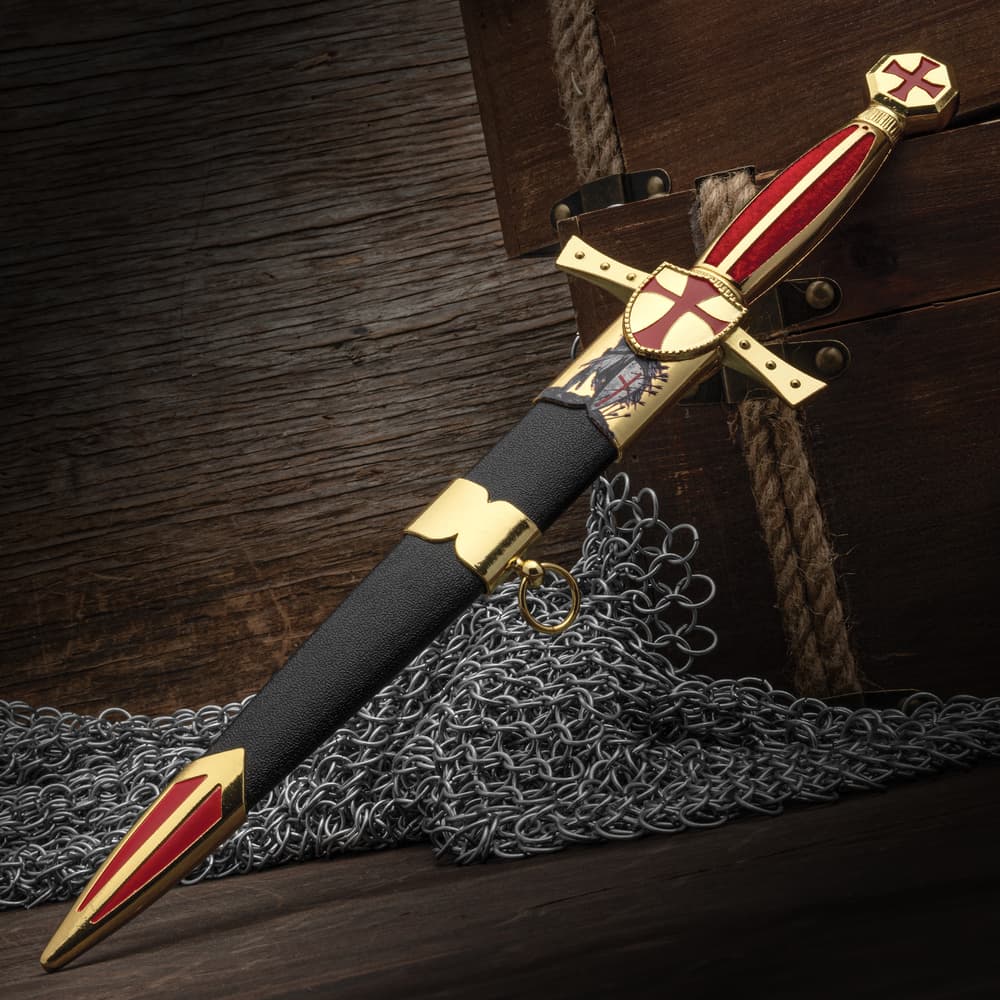 Full image of the Knight Gold Dagger in the scabbard. image number 1