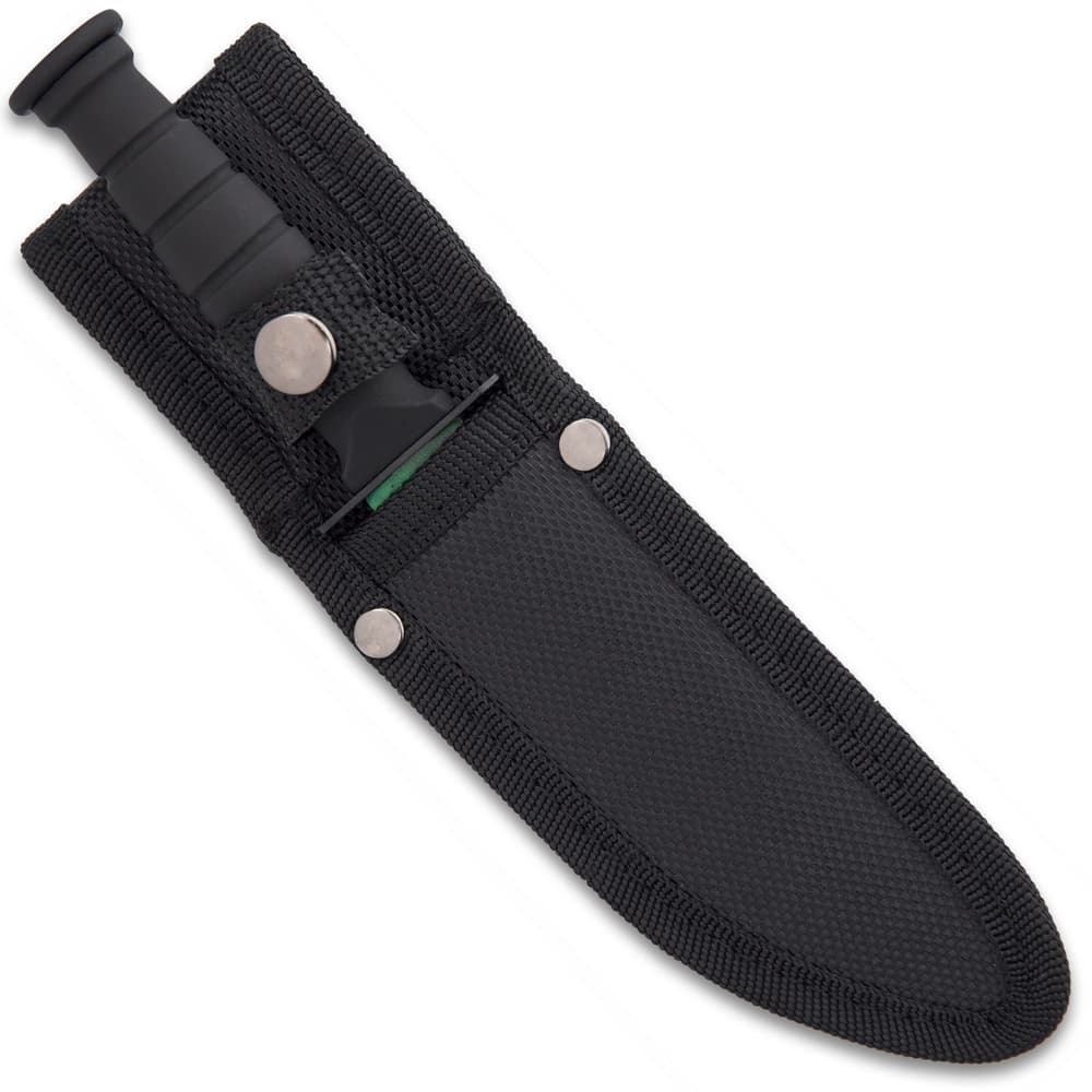 Each knife features a stainless steel blade with a 3D-printed green finish and durable TPU secure-grip handles and belt sheath image number 1