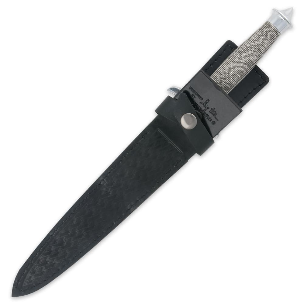 Dagger enclosed in a black leather sheath, the wire wrapped hilt and mirror polished finishes are exposed. image number 1