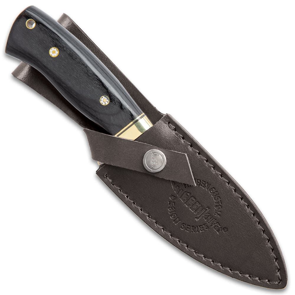 Hibben Chugach Hunter Knife With Sheath - 5Cr13 Stainless Steel Blade, Pakkawood Handle, Brass Hand Guard, Rosette Accents - Length 8 7/8” image number 1