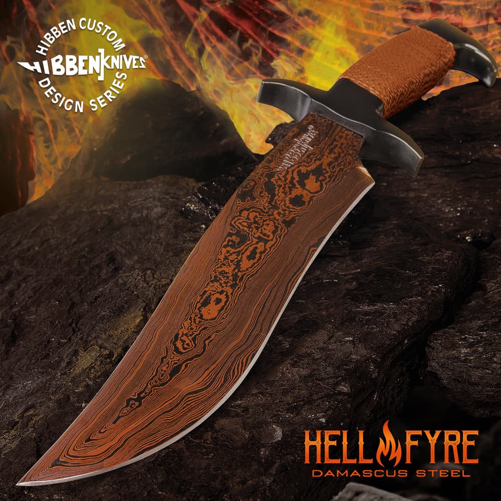 Hibben HellFyre Highlander Bowie Knife With Sheath - HellFyre Damascus Steel, Wire-Wrapped Handle, Black Metal Pommel And Guard - Length 13 1/2” image number 1