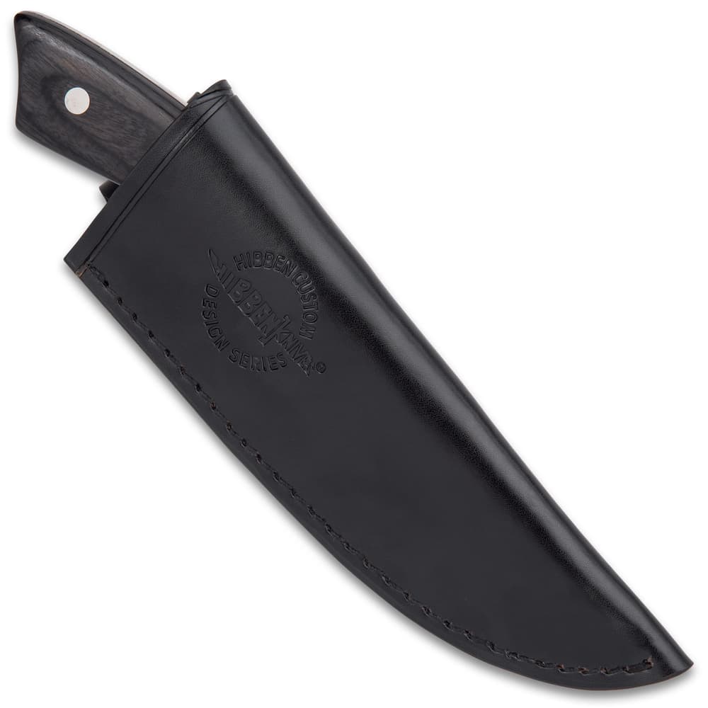 The 8” overall skinner knife can be carried securely in a premium, black leather belt sheath image number 1