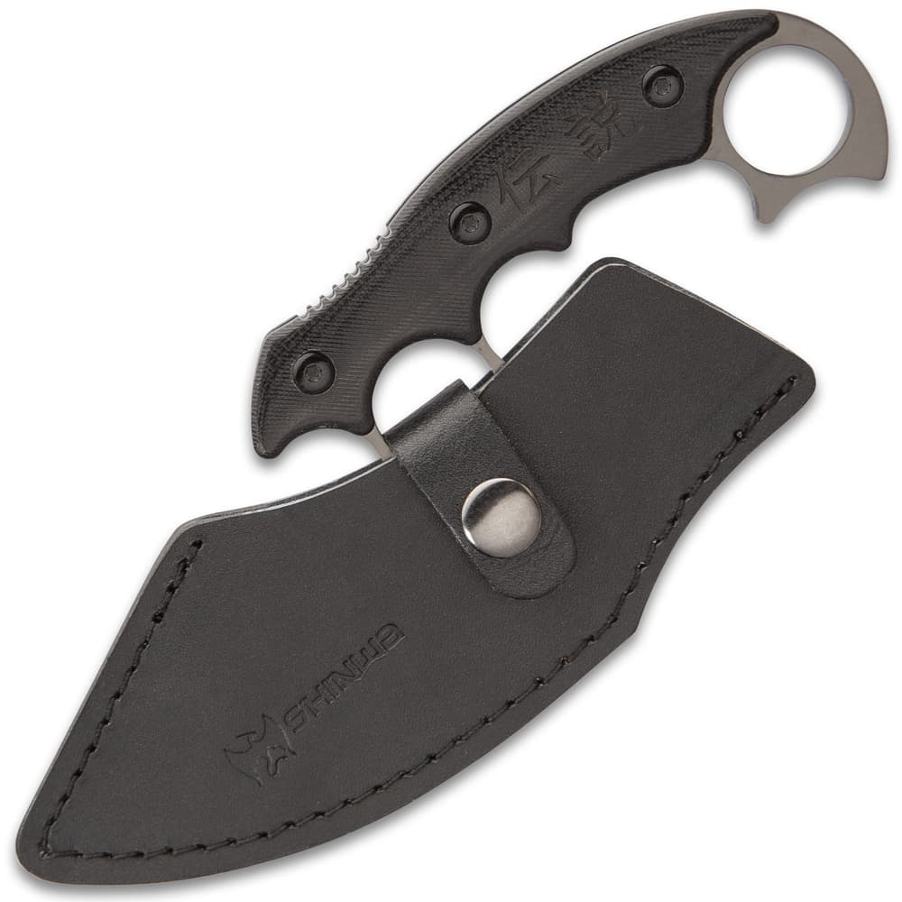 The 7 4/5” overall ulu knife can be stored and carried in its premium, black leather belt sheath with snap strap closure image number 1