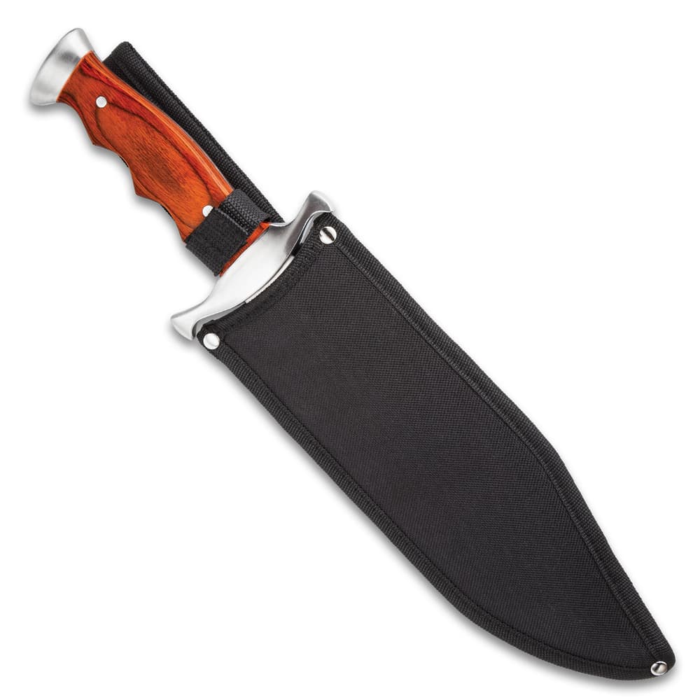 Timber Rattler Sinful Spiked Bowie Knife With Nylon Sheath - Spiked Back Blade, Ergonomic Hardwood Handle - 15" Length image number 1