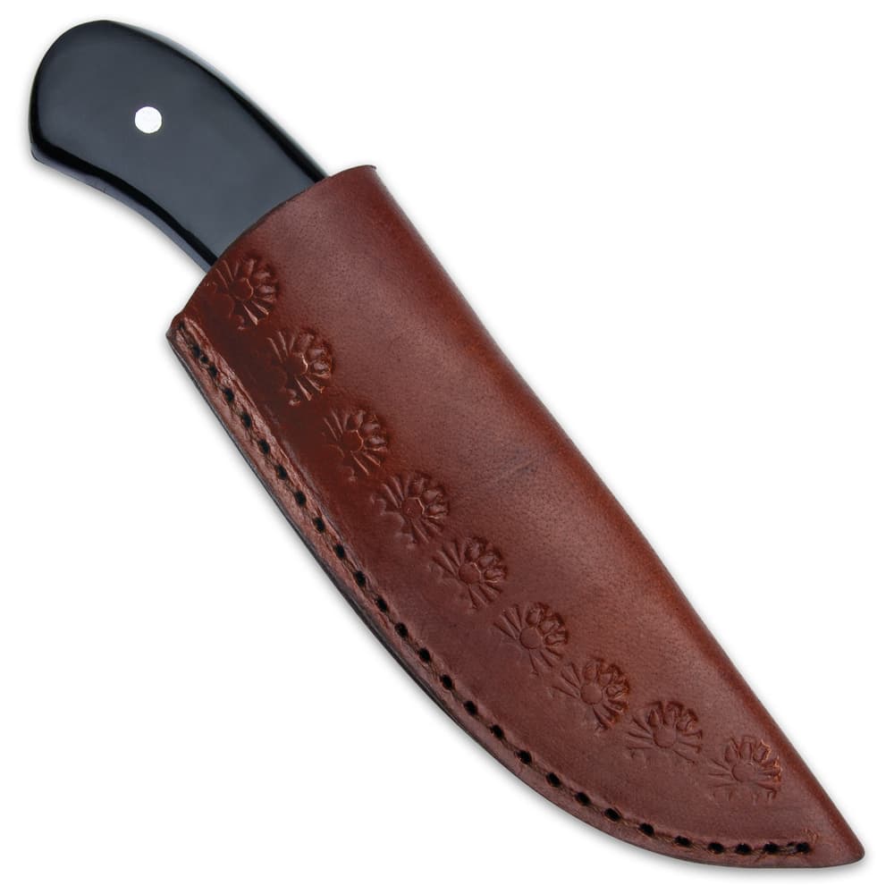 The 6 1/2” overall fixed blade knife can be carried and stored in a premium leather belt sheath image number 1