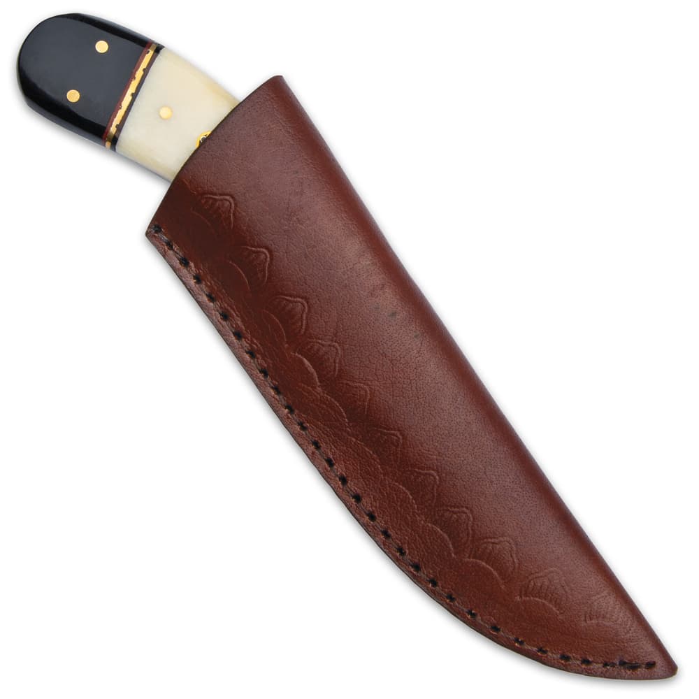 The 7 3/4” overall fixed blade knife can be carried and stored in a premium leather belt sheath image number 1